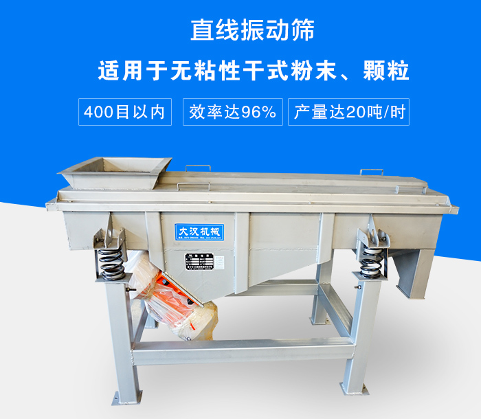 直線振動篩適用于無粘性干式粉末、顆粒，產(chǎn)量達(dá)20噸/時